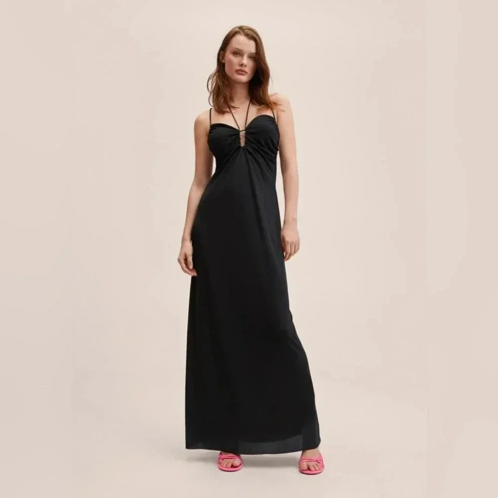Mango Black Ruched Detail Dress NWT